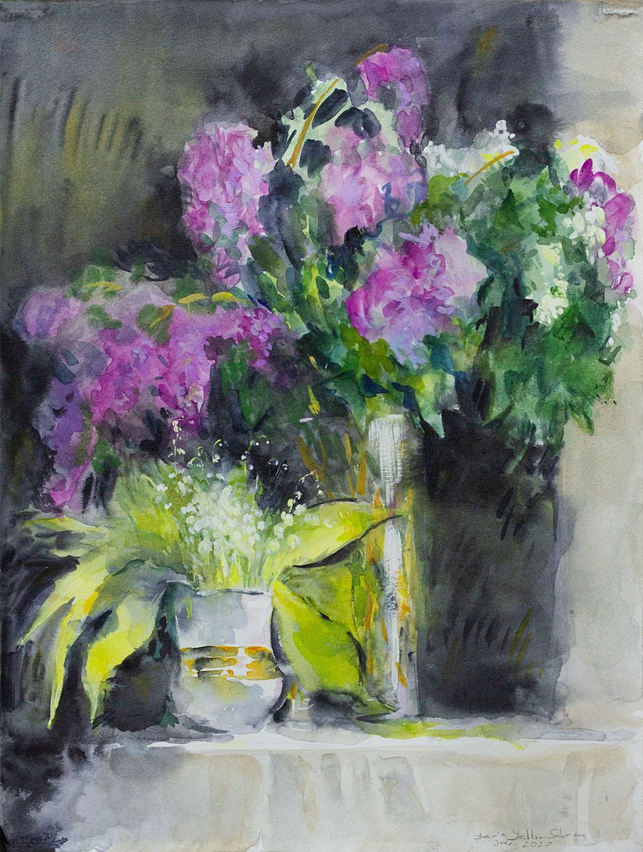 Flowering. Purple lilac and lilies of the valley. by Daria Yablon-Soloviova