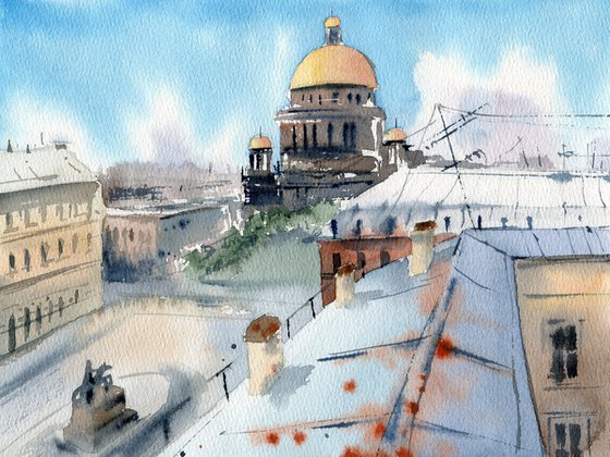 Roofs of houses in St. Petersburg. Original watercolor artwork.