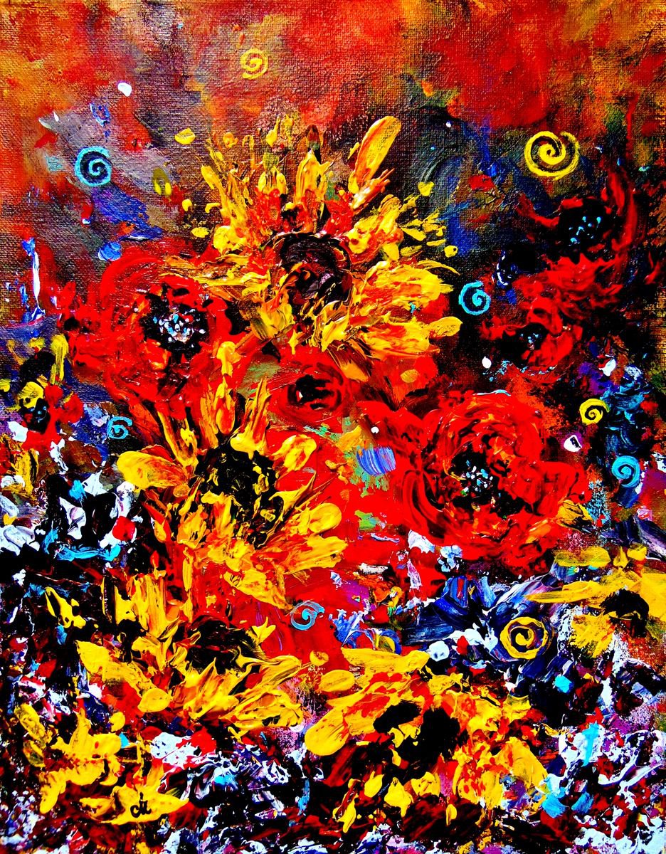 Expressive Botanical Acrylic Painting By Cristina Mihailescu, 11 X 14, A Bunch Of Happiness # 2, Original Artwork