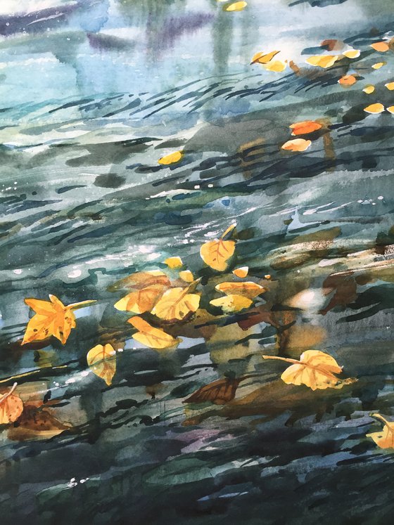 Autumn river. City river painting.