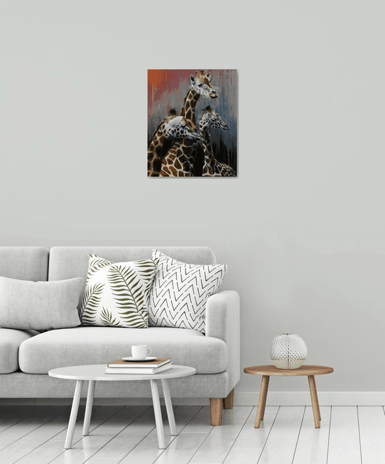 Giraffes in grey, original painting, orange