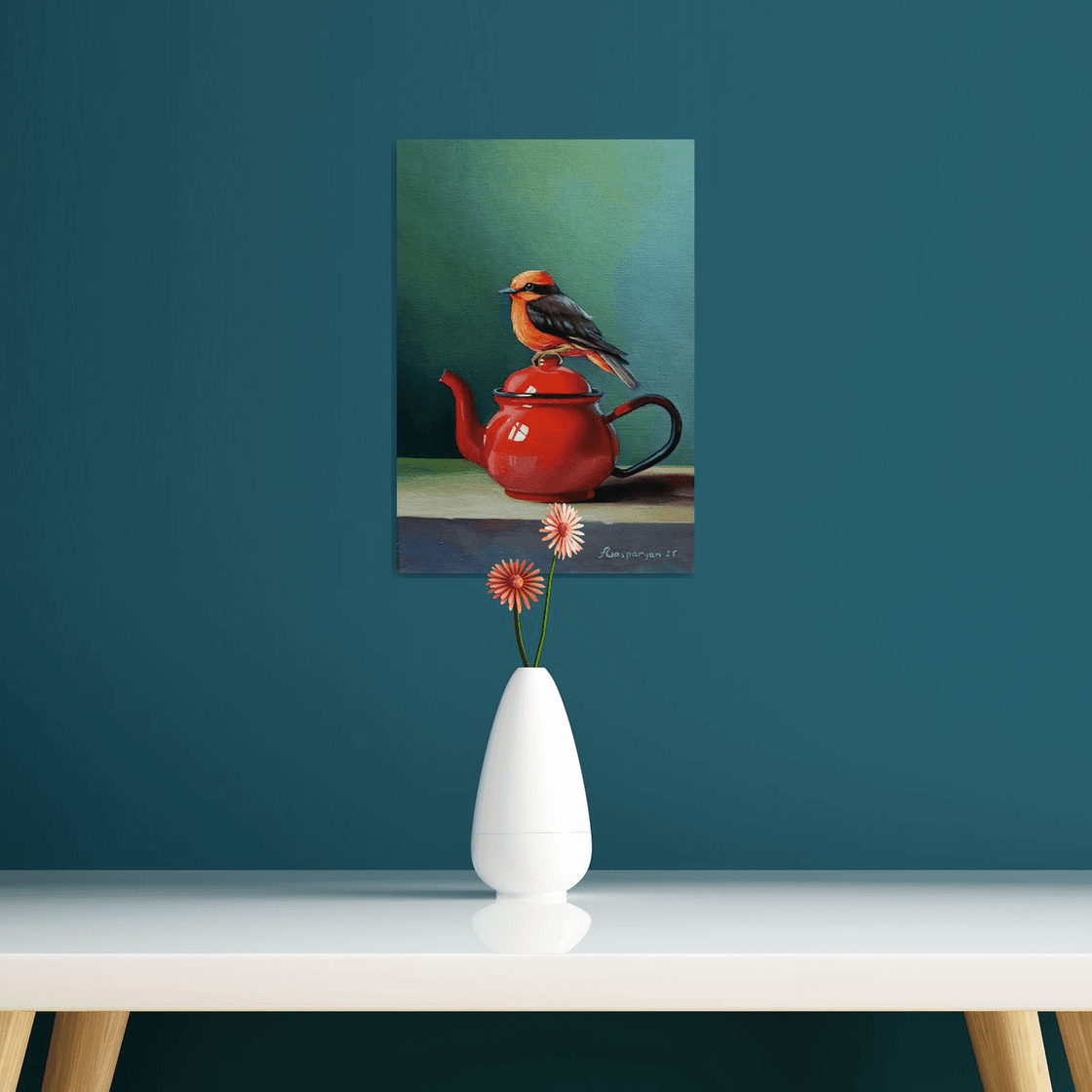 Still life with bird and kettle-2 (24x35cm, oil painting