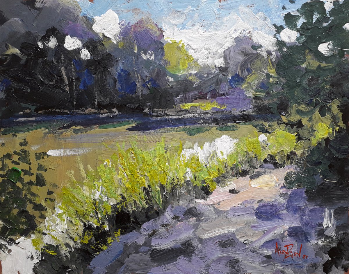 Original painting. Bright sunny landscape. Quiet river by Alexander Zhilyaev