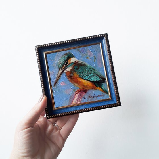 Small art Kingfisher bird painting original framed picture 4x4, Blue artwork bird wall art decor friendsgiving gift ideas