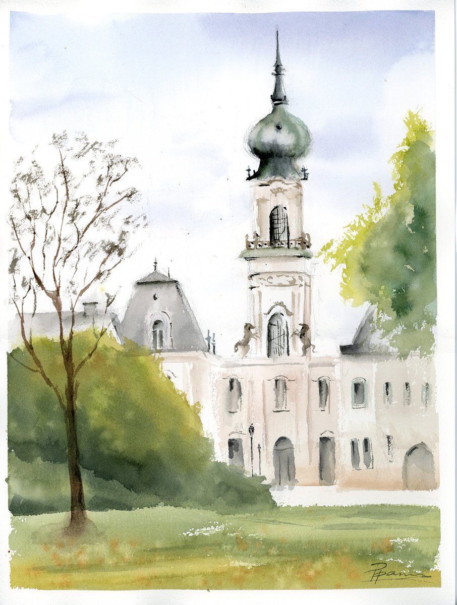 Impressionistic Cityscapes Watercolour By Olga Tchefranov (Shefranov), 11 X 15", Festetics Palace, Original Artwork