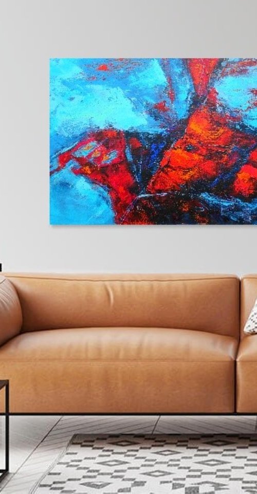 Large Abstract Turquoise Red Landscape Painting. Modern Textured Art. Blue Abstract. 61x91cm. by Sveta Osborne