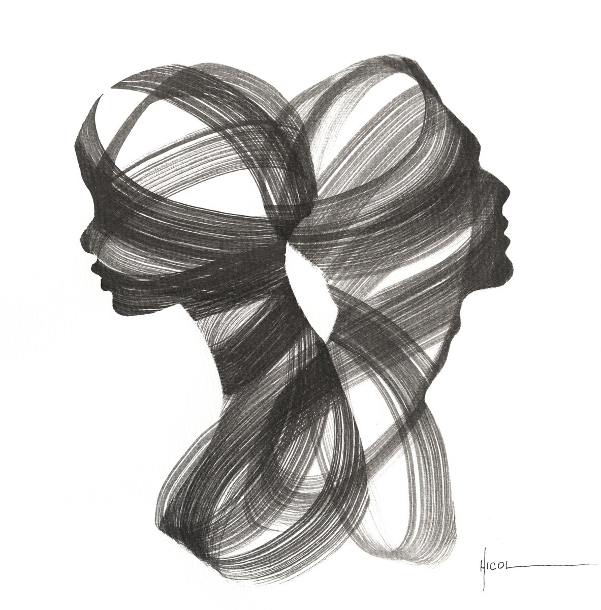 Expressive Ink Drawing , Entwined In Thought By Nicol Vacaru, 11 X 11, Artwork For Sale On Artfinder