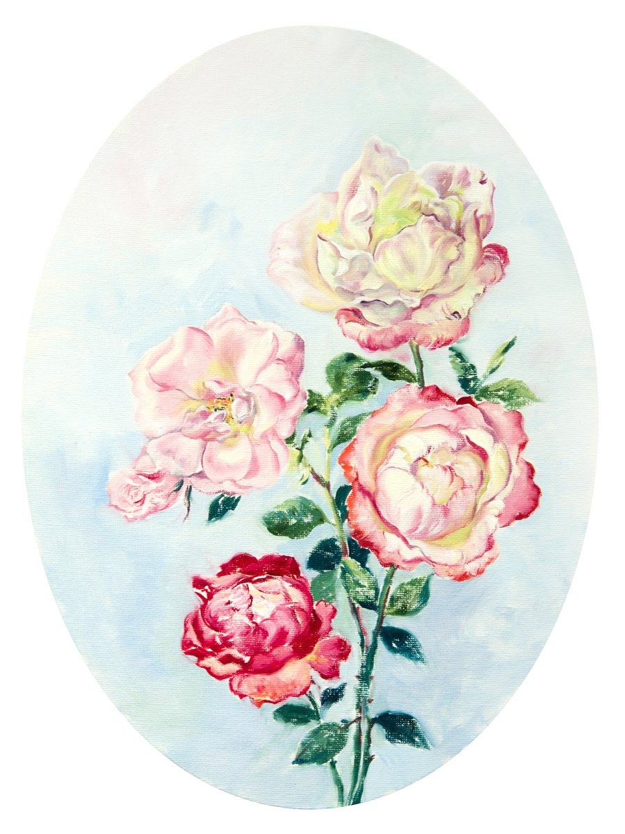 Impressionistic Botanical Oil Painting By Daria Galinski, 12 X 16, Roses Bouquet. Oval Canvas, Original Artwork