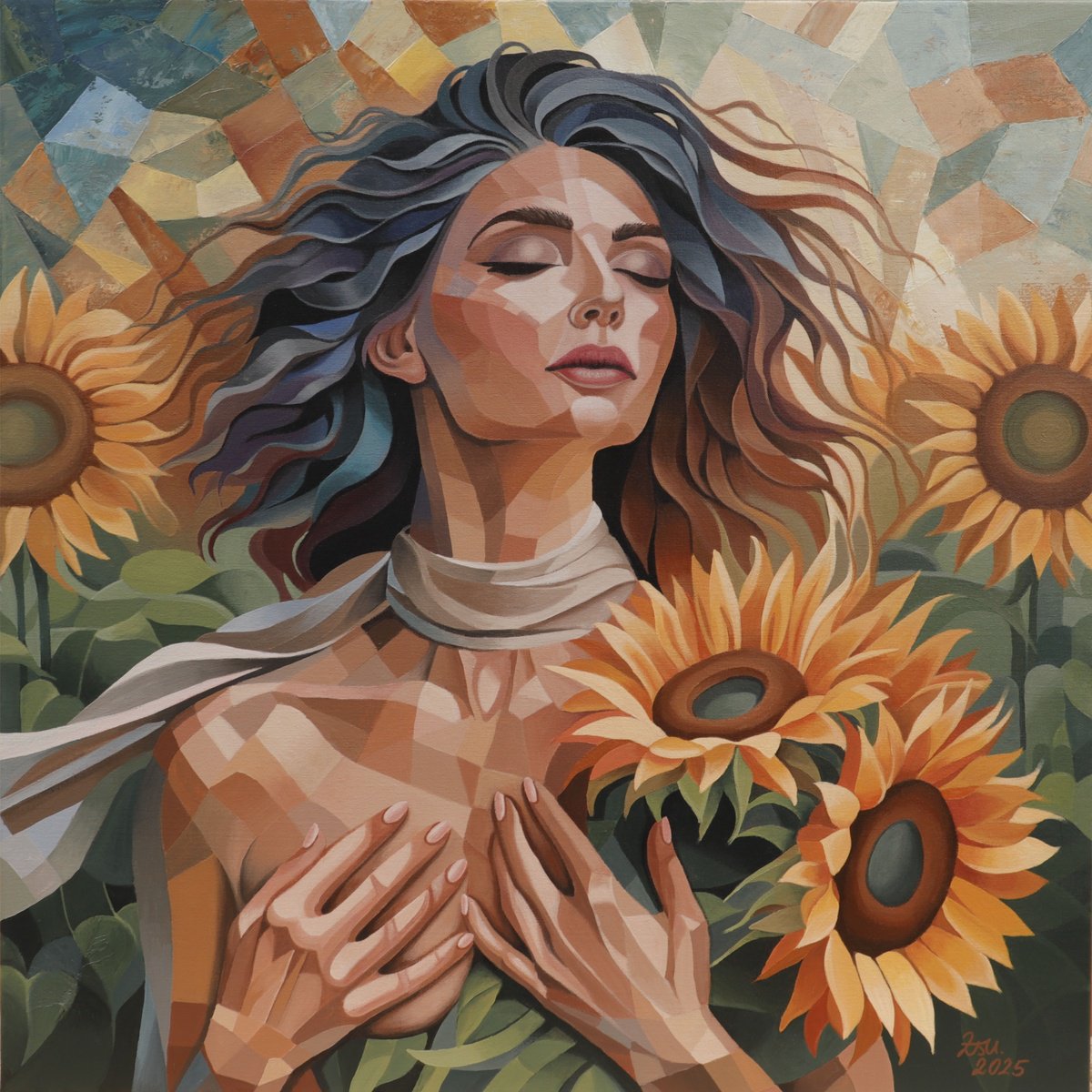 Surrealistic Portrait Acrylic Painting By Zuzana Murenji Domonkos, 31 X 31", Kissed By The Sun-Elina, Original Artwork