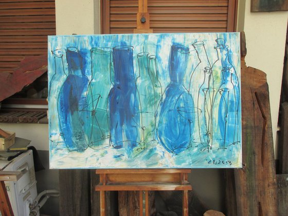 wild blue bottle party xl Oilpainting  27,5 x 39,4inch