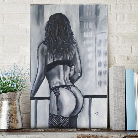 Girl in a big city, original nude erotic gestural black and white nude oil painting