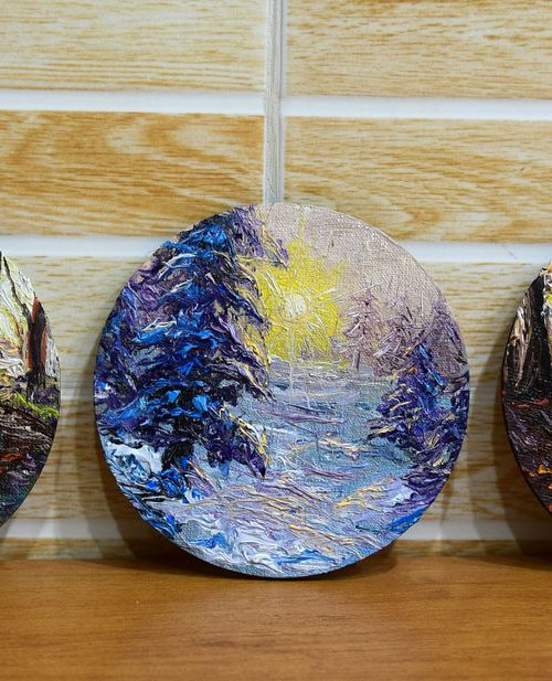 Spring + Autumn + Winter - Set of 3 oil paintings "Seasons" 10 cm round paintings(each) by Elena Adele Dmitrenko