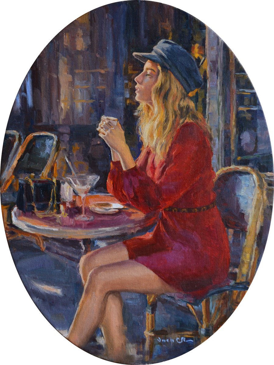 Impressionistic Portrait Oil Painting By Vachagan Manukyan, 13 X 17", In The Cafe #3, Original Artwork