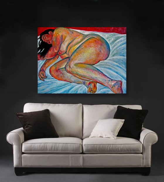 RECLINING NUDE ON WHITE SHEET