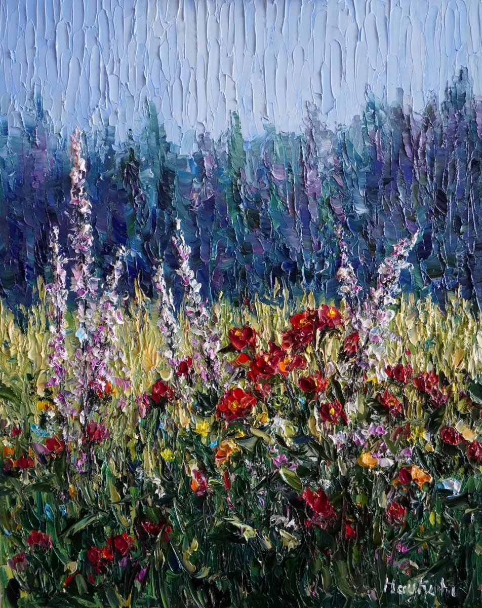 Impressionistic Landscape Oil Painting By Haykuhi Khachatryan, 16 X 20, Field Flowers, Original Artwork