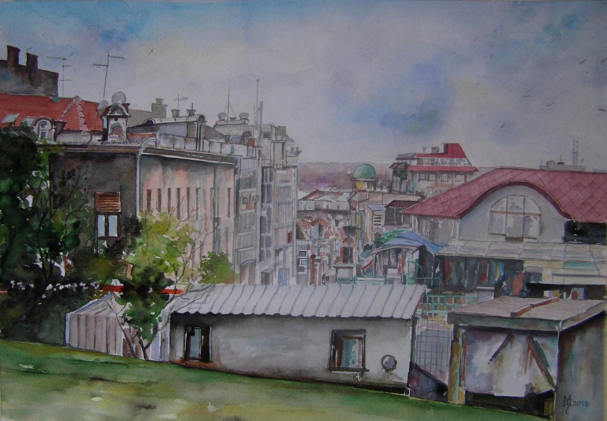Impressionistic Cityscapes Watercolour By Zoran Mihajlovic Muza, 18 X 12", Cityscape, Original Artwork