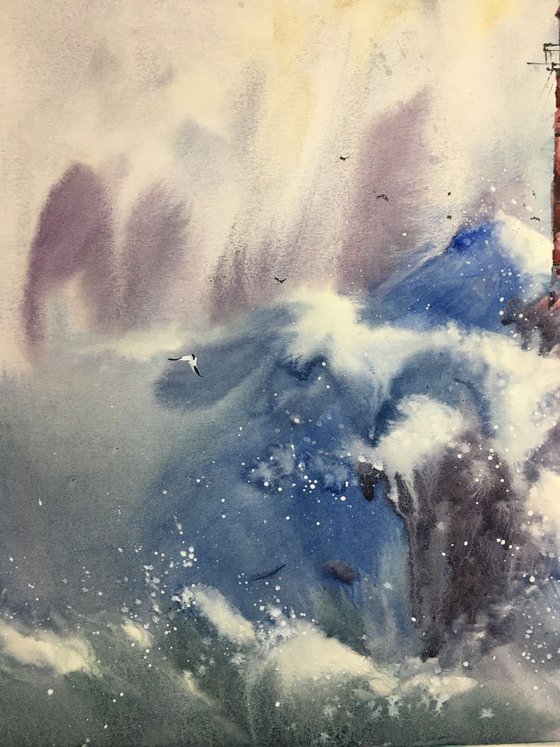 SOLD Watercolor "Sea storm. Red lighthouse”