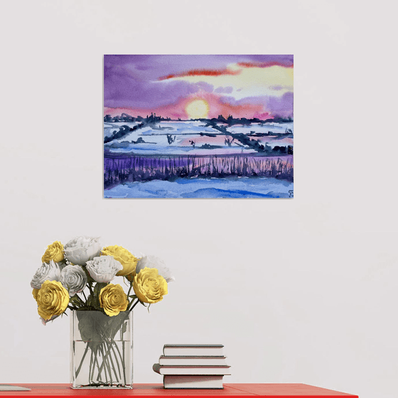 Winter Watercolor Painting, Sunset Landscape Original Wall Art, Snowy Nature Artwork, Christmas Home Decor