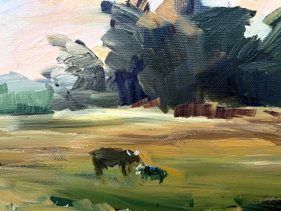 EVENING - landscape oil painting nature rural life sunset cows green field home interior décor gift idea
