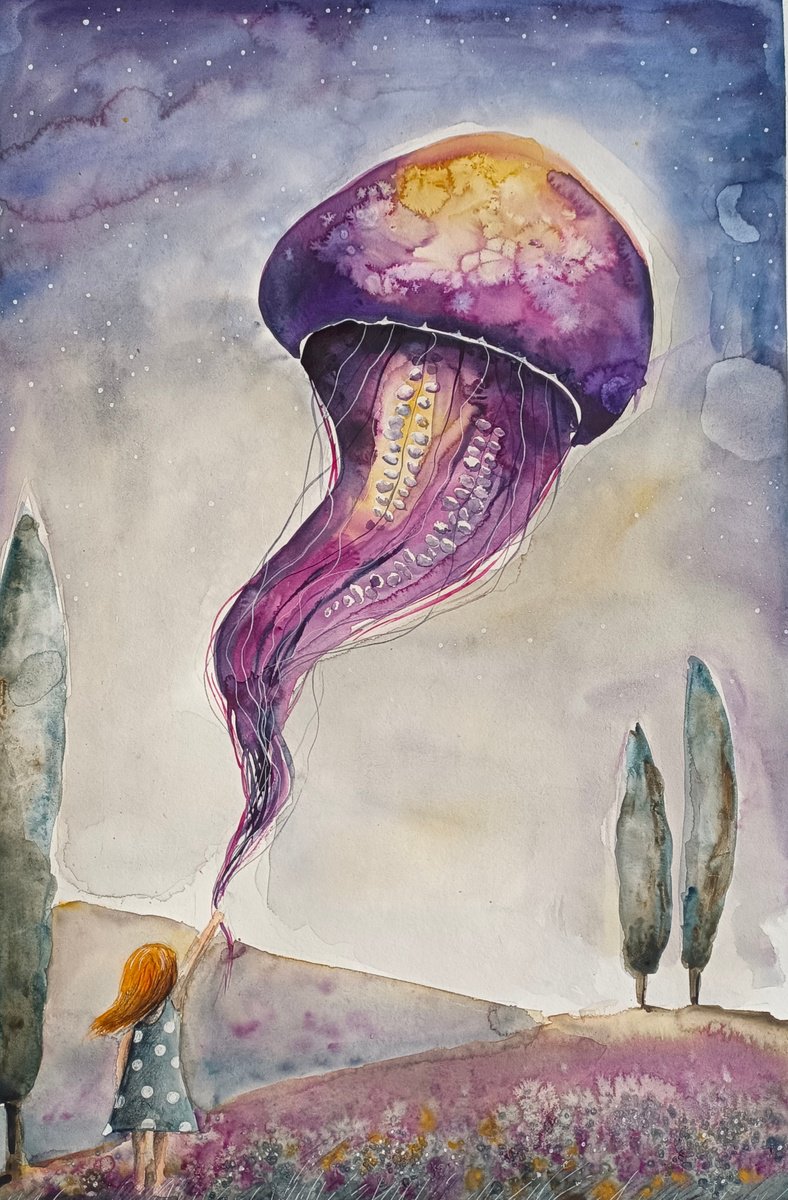 Illustrative Portrait Watercolour By Evgenia Smirnova, 15 X 23, Girl With Pink Jellyfish, Original Artwork