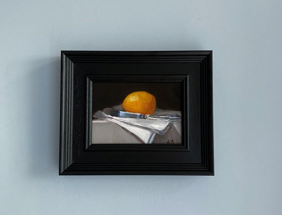 Lemon, linen and silver knife Original Oil Still Life Painting.