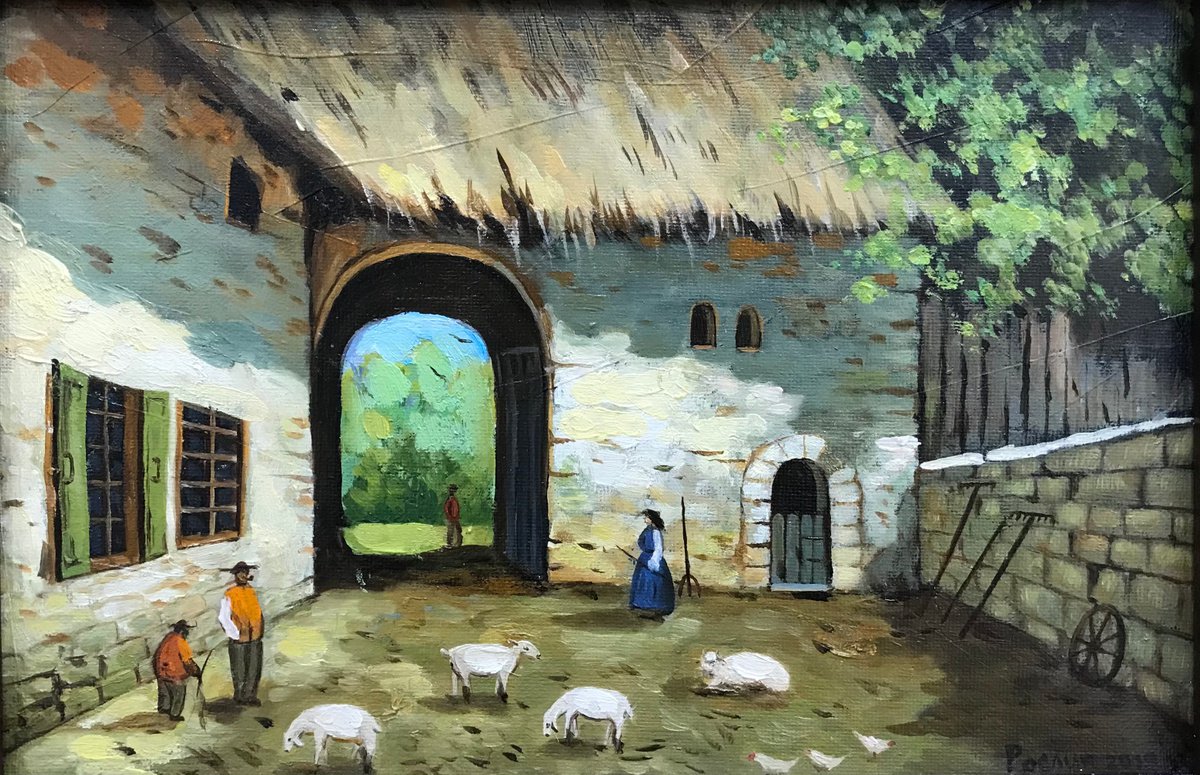 Original oil painting Courtyard with sheep - 30x20 cm (2019) by Evgeniya Roslik