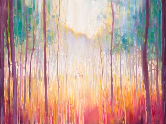 Elusive-2 - a large original oil on canvas of an autumn forest clearing with deer