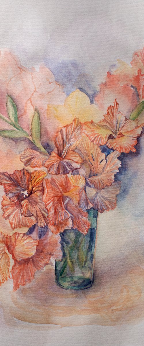 Watercolor peachy gladioluses by Liliya Rodnikova