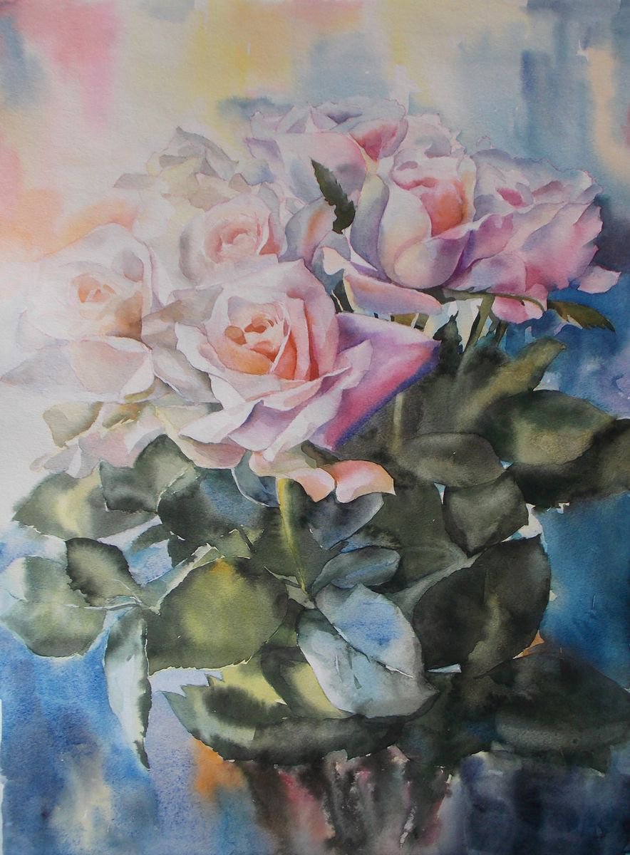 Impressionistic Botanical Watercolour By Yurii Pashkov, 18 X 24", Bouquet Of Roses #2, Original Artwork