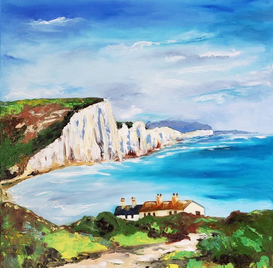 SEVEN SISTERS,   CLIFFS, SUSSEX , ENGLISH LANDSCAPE, OIL PAINTING. OFFICE URBAN WALL ART