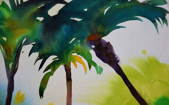 Abstract tropical trees original watercolor painting Spanish green forest