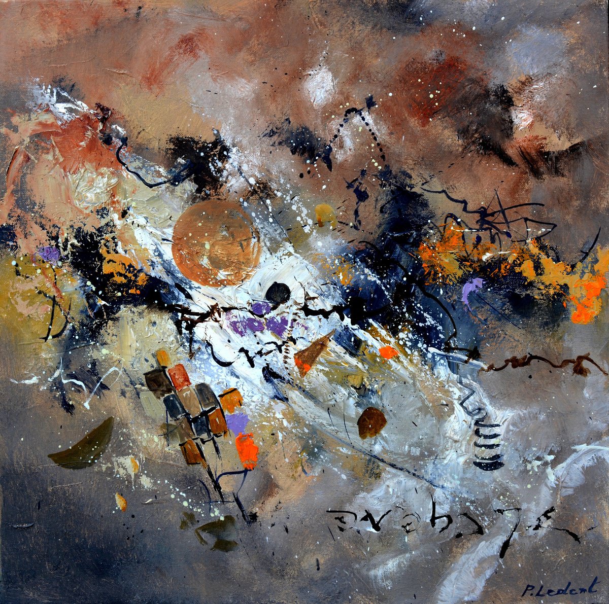 Abstract Oil Painting By Pol Henry Ledent, 20 X 20", Mechanism, Original Artwork