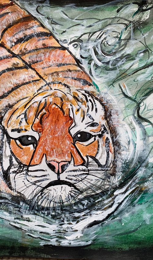 Underwater  Wild Animals Painting for Home Decor, Tiger Portrait Art Decor, Artfinder Gift Ideas by Kumi Muttu