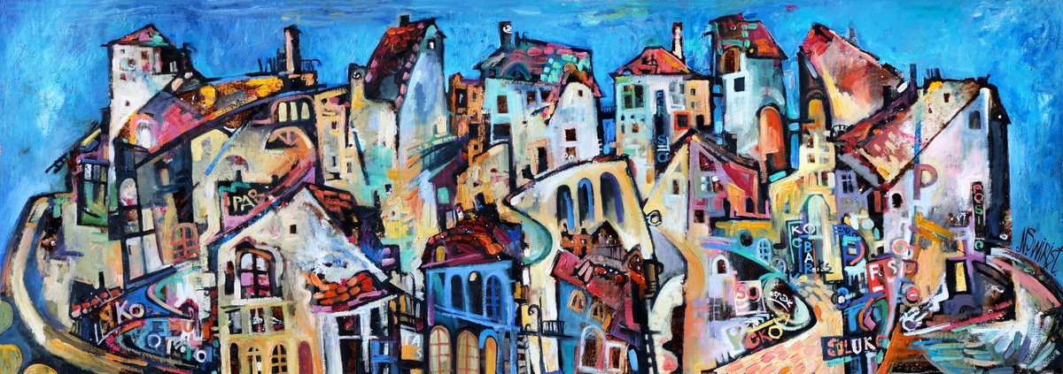 Expressive Cityscapes Oil Painting By Nikifor Swiristuhin, 55 X 20", - City Of Dreams - ?, Original Artwork