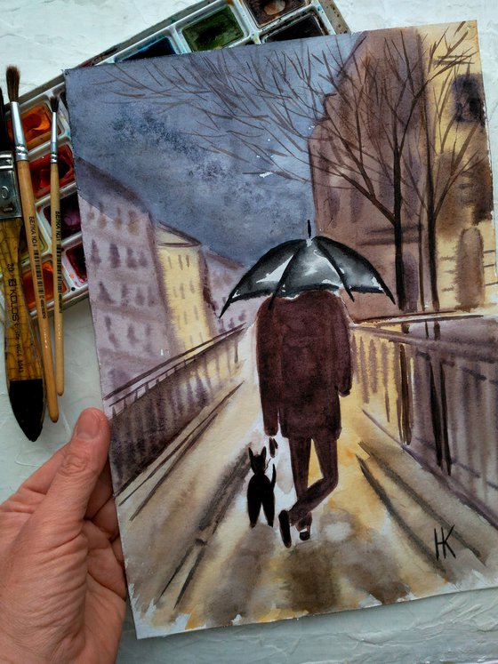 NYC Painting Cityscape Original Art Man Walking Dog Small Watercolor Artwork New York Wall Art 8 by 12" by Halyna Kirichenko