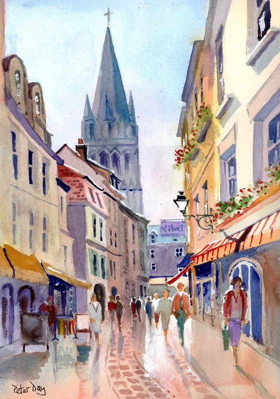 Caen, France. Shopping Street & Church