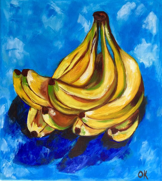 Bananas on  turquoise  Still life. Palette knife painting on linen canvas