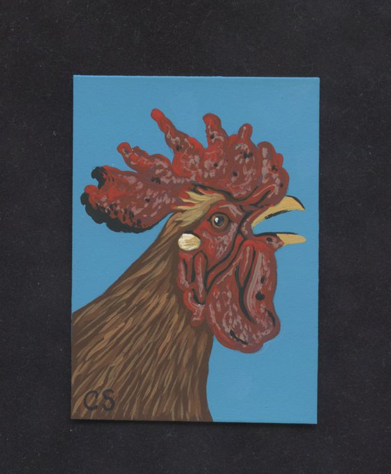 ACEO ATC Original Miniature Painting Rooster Chicken Farmyard Art-Carla Smale