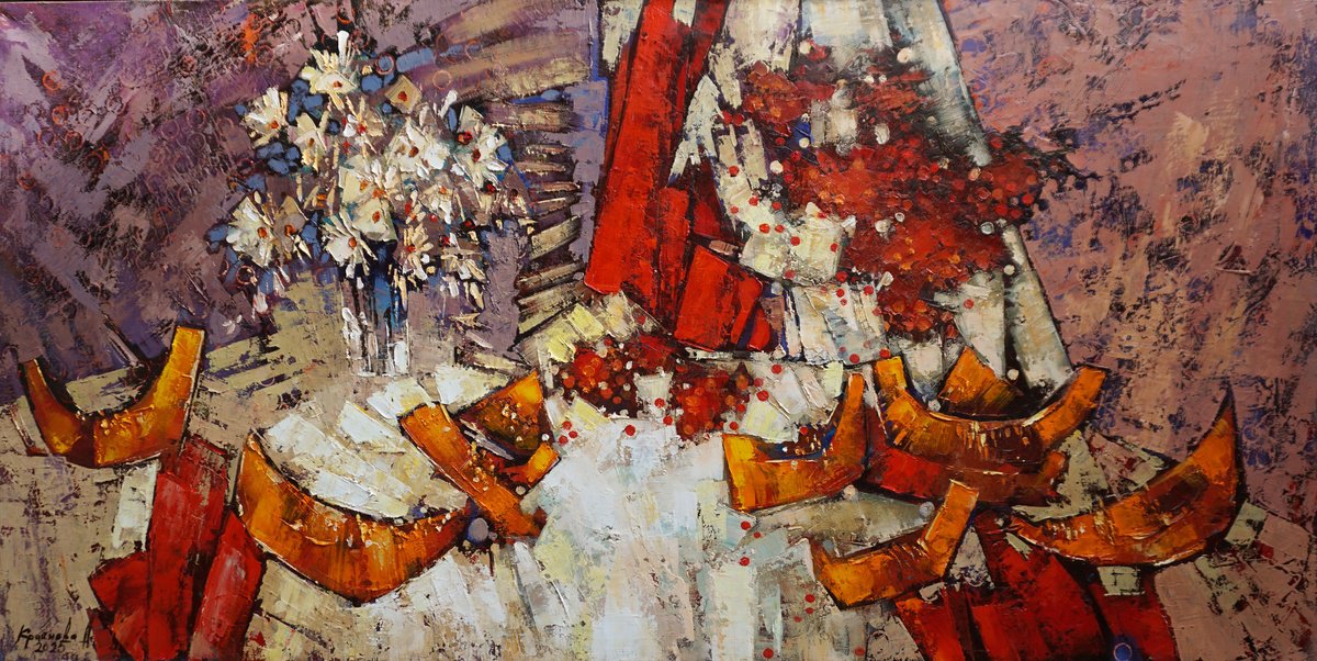 Impressionistic Still Life Oil Painting By Anastasiia Kraineva (Masniuk), 55 X 28, Red Viburnum, Original Artwork