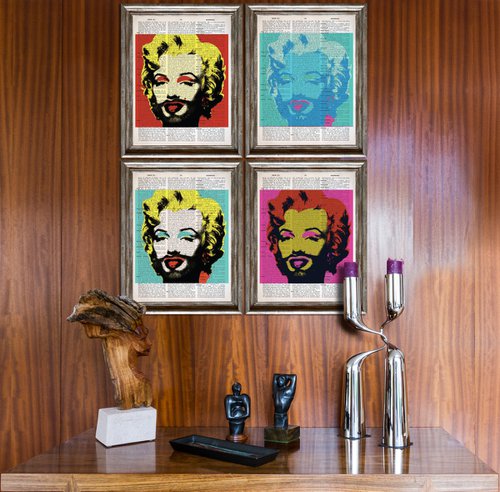 Marilyn Monroe With a Beard - Andy Warhol Inspired Multi Panel 4 Collage Art on Large Real English Dictionary Vintage Book Page by Jakub DK - JAKUB D KRZEWNIAK