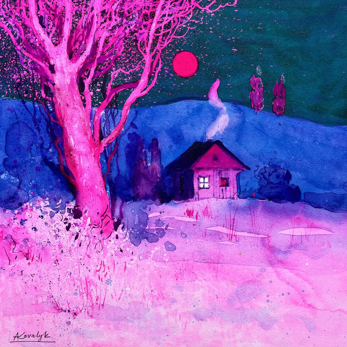 Impressionistic Landscape Watercolour By Andrii Kovalyk, 12 X 12, Life Energy, Original Artwork