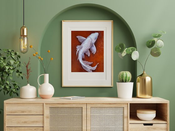 White Koi on Terracotta Red