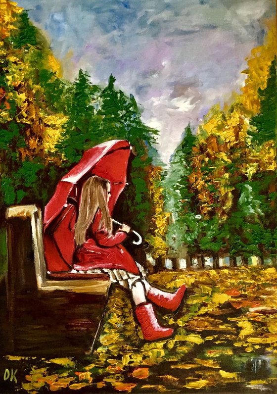 YOUNG LADY WITH UMBRELLA. AUTUMN.