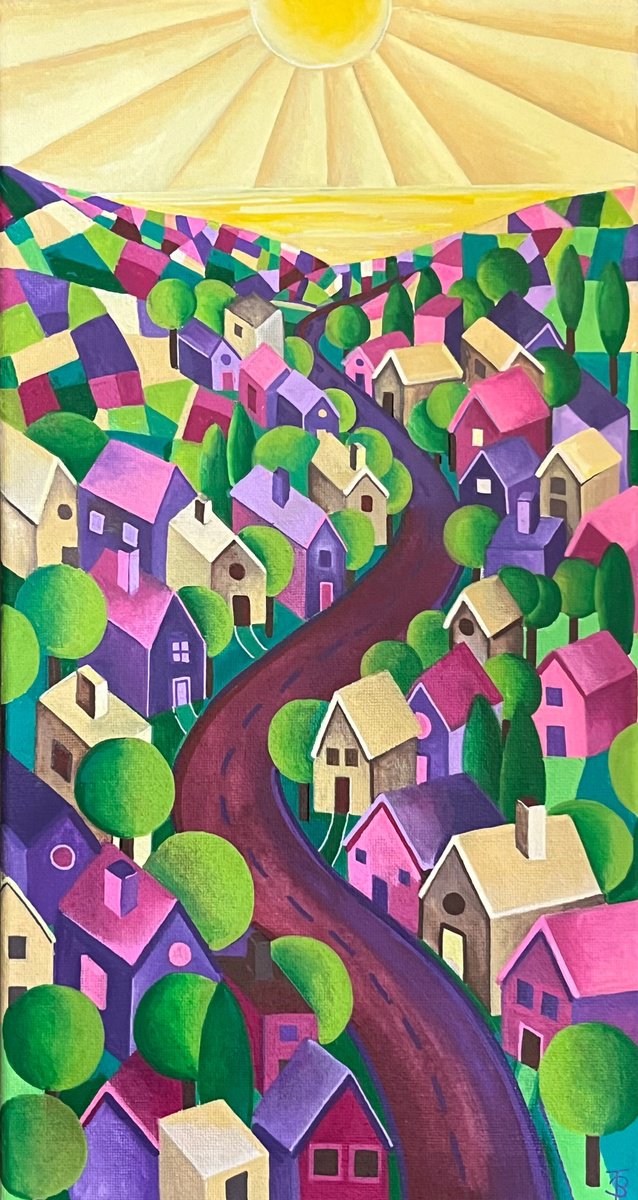 Geometric Cityscapes Acrylic Painting By Tiffany Budd, 8 X 13", Sunset At Mulberry Hill, Original Artwork