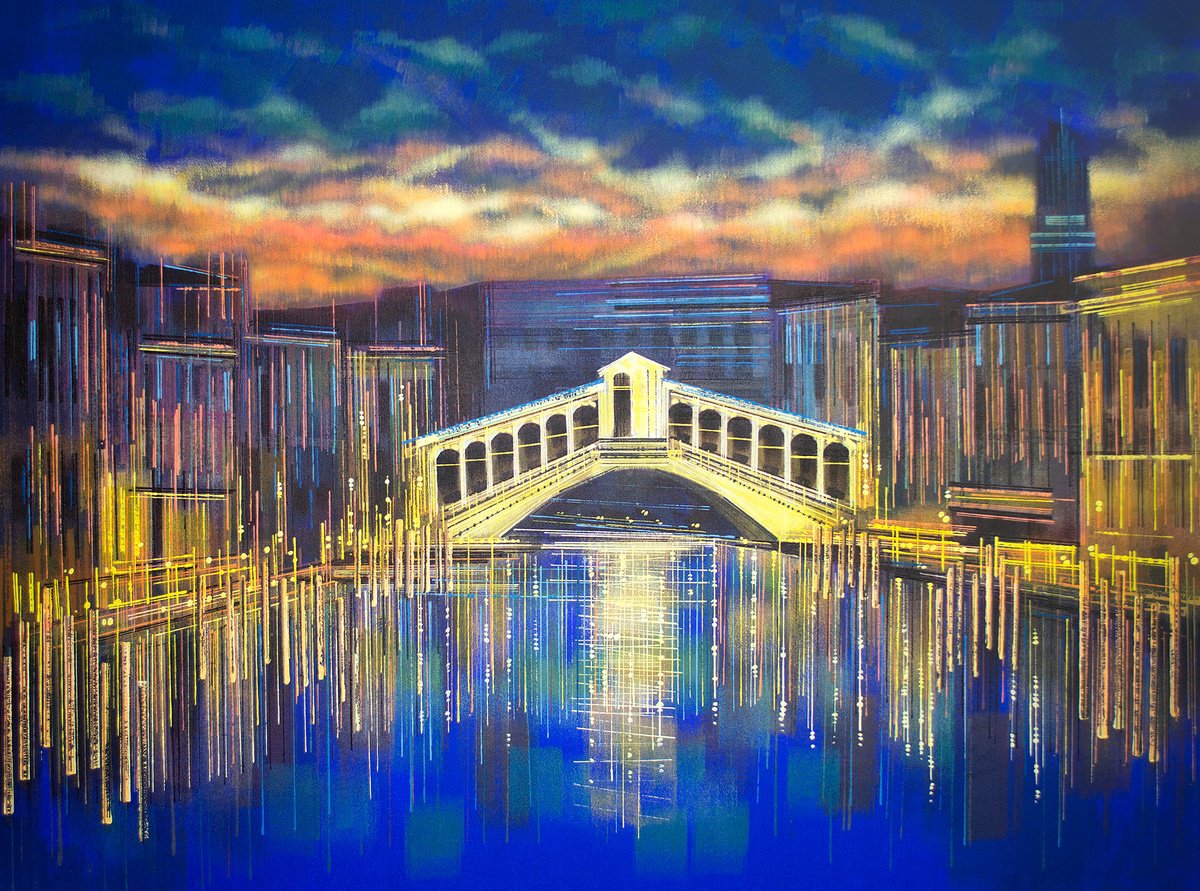 Impressionistic Cityscapes Acrylic Painting By Marc Todd, 40 X 30", Venice At Night, Original Artwork