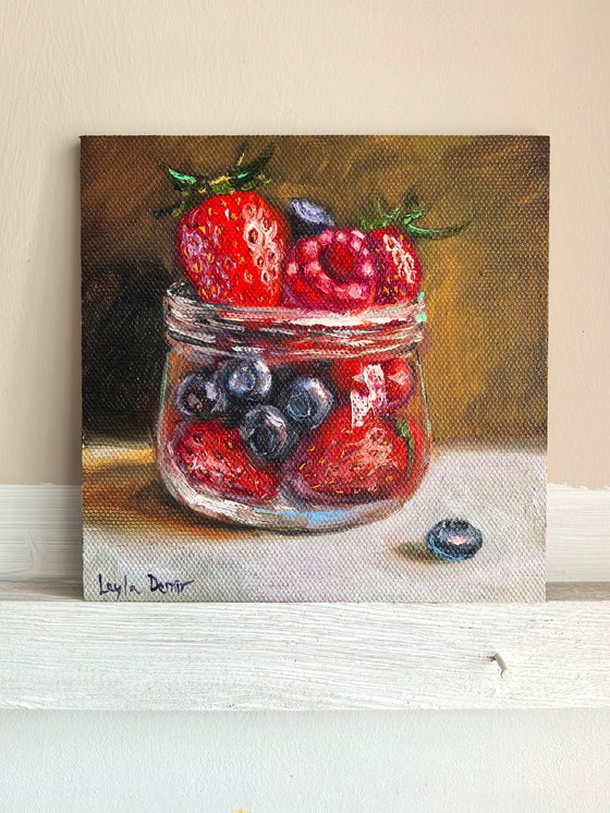 Berries oil painting mini wall art 6x6"