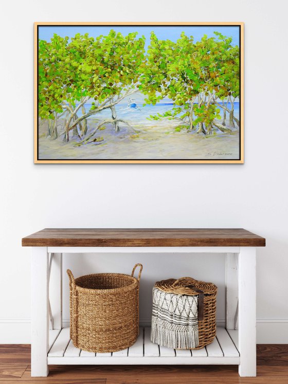 DAY ON THE BEACH. Tropical Island Seascape Painting of Florida Beach and Fishing Boat.