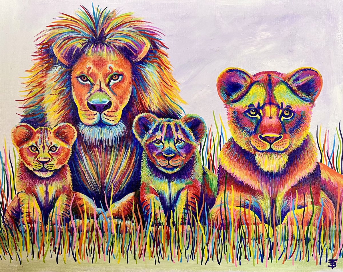 Animal Acrylic Painting By Tiffany Budd, 20 X 16", The Family Pride, Original Artwork