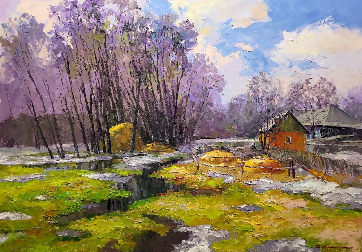 Impressionistic Landscape Oil Painting By Boris Serdyuk, 39 X 28, March, Original Artwork