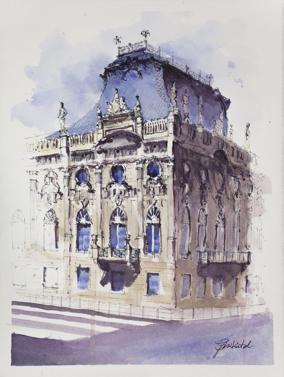 Impressionistic Cityscapes Watercolour By Tomasz Mikutel, 11 X 15", Izrael Poznanski Palace, Original Artwork